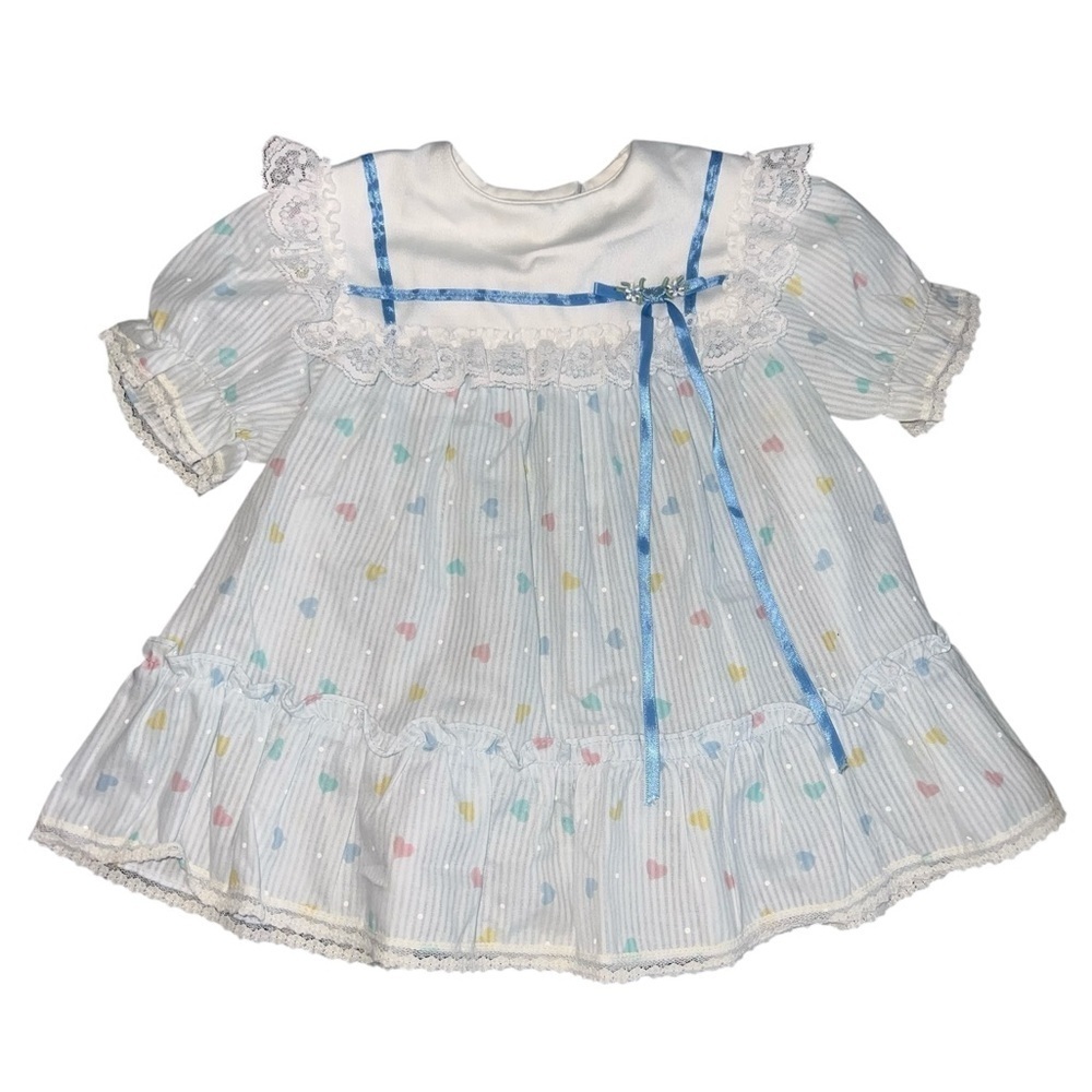 RARE Vintage 90s Toddler Pastel Hearts Swiss Dot Dress Blue Bow Lace Coquette 2T